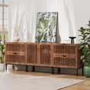 87" Farmhouse Storage Cabinet With Metal Base and Adjustable Shelf, Sideboard Coffee Bar With 2 Doors for Kitchen, Dining Room, Living Room, Brown