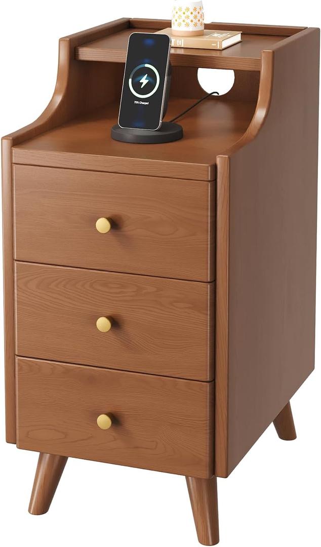 Narrow Nightstand, Walnut Solid Wood Small Thin Nightstand Narrow Bedside Tables for Small Spaces Living Room, Mid Century Modern Slim Skinny Nightstands with 3 Drawers, Night Stand (12in*24in)