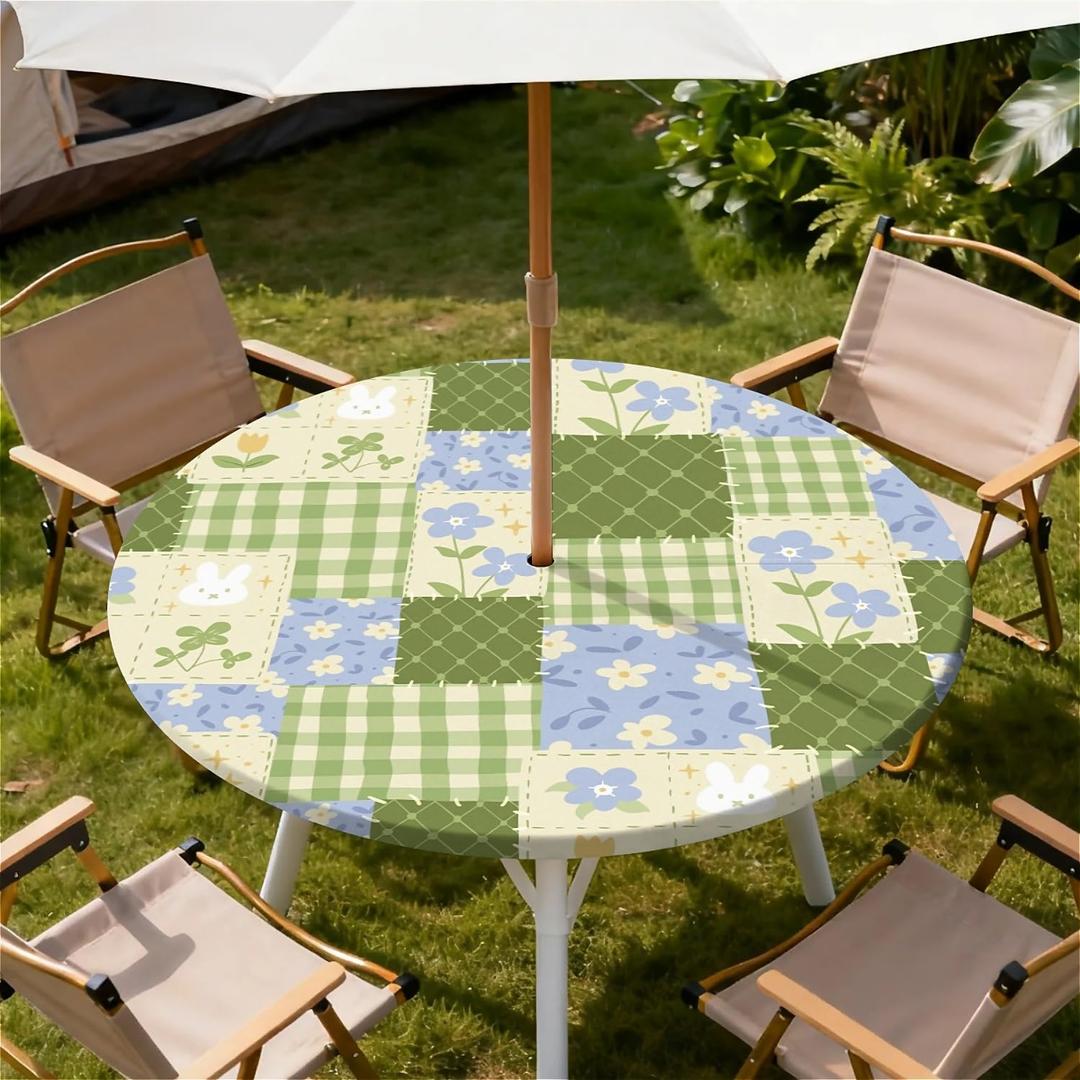 Round Outdoor Tablecloth with Umbrella Hole, Zippered Fitted Waterproof Tablecover with Elastic Edge Fits 45"-48" Round Tables for Patio Picnic Garden Camping Party, Patchwork Pattern