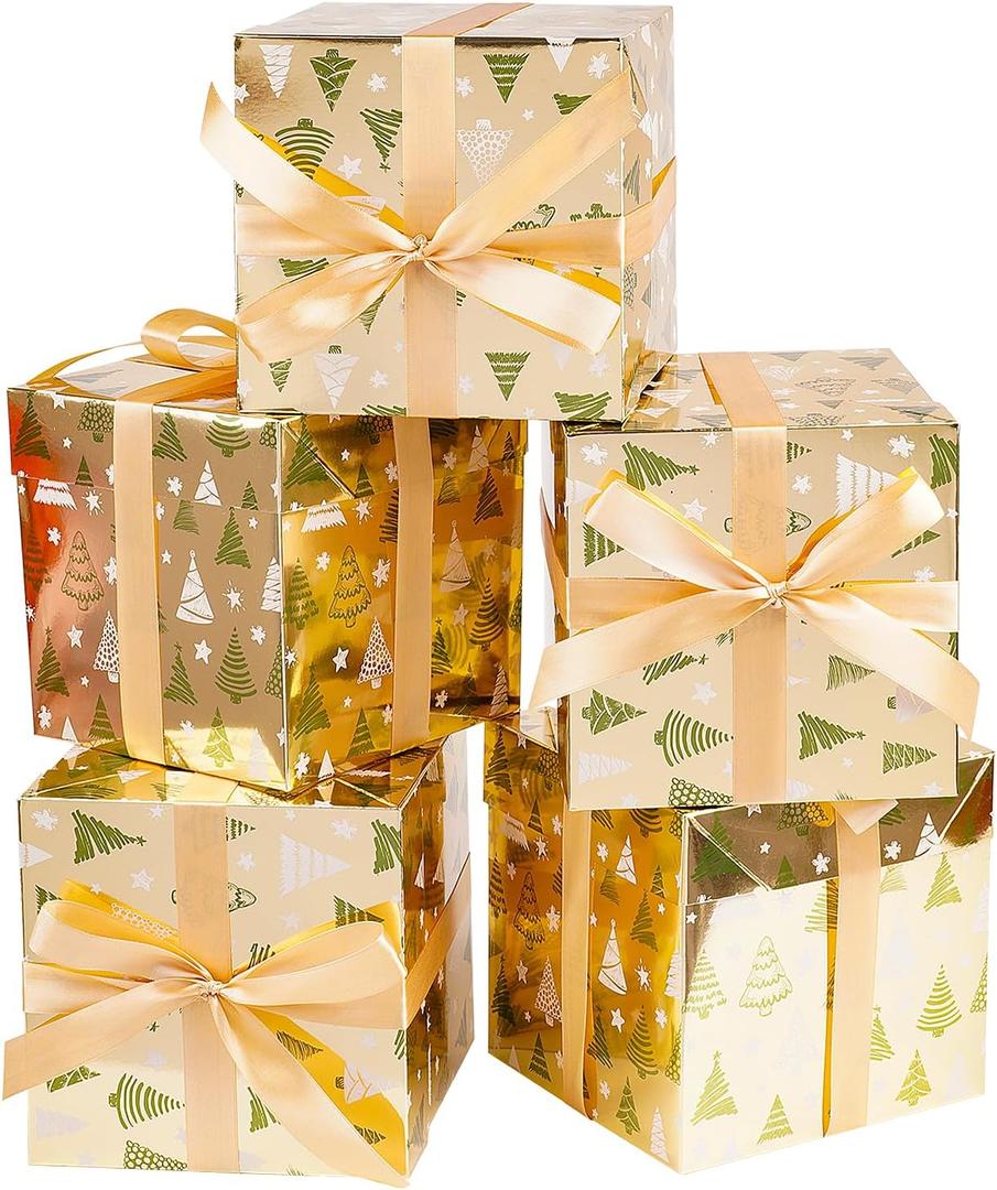 Jaywayang 5 Pack Gold Christmas Gift Boxes with Lids, Ribbons and Tissue Papers Square Gift Boxes - 7.1 Inch - Presents Wrapping Christmas Gift Holiday New Year Party Favor Boxes.