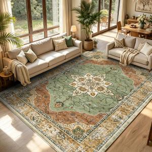 YARNSCAPE 9' x 12' Machine Washable Area Rug, Non-Slip Low-Pile Carpet
Lightweight Foldable Rug for Large Living and Dining Rooms, Vintage Distressed Floral Medallion, Sage Green & Terracotta