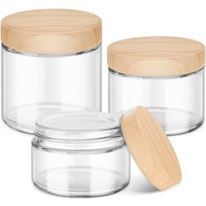 Glass Cosmetic Jars with Plastic Woodgrain Lids, 4 oz, 2 oz 1 oz Small Glass Storage Jars with Lids & Stickers, Reusable Clear Travel Containers for Creams, Lotion, Balms, Ointment 3 pack