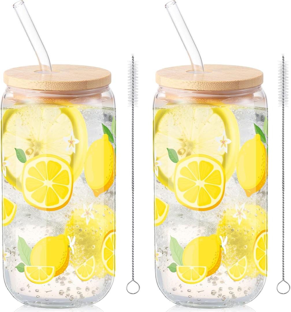 Sliner 2 Pcs Lemon Glass Cups Summer Drinking Tumbler 16 oz Iced Coffee Cup with Lid Straw Cleaning Brush Cute Beer Can Tumbler Holiday Gifts for Spring Summer Home Office Decorations (yellow lemon printing)
