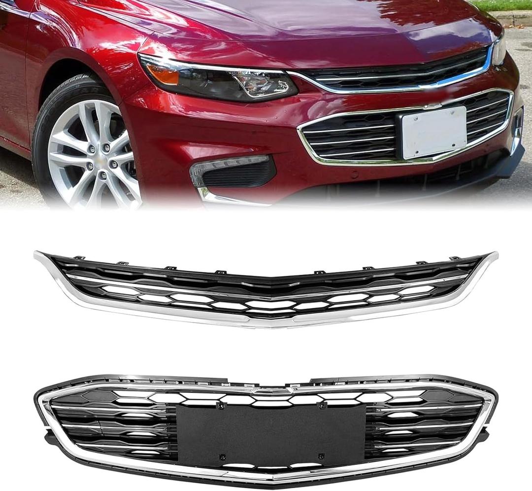 Front Bumper Upper and Lower Honeycomb Mesh Grille For Chevy Malibu L/LS/LT Upper Lower Grill 2016 2017 2018 (Malibu)