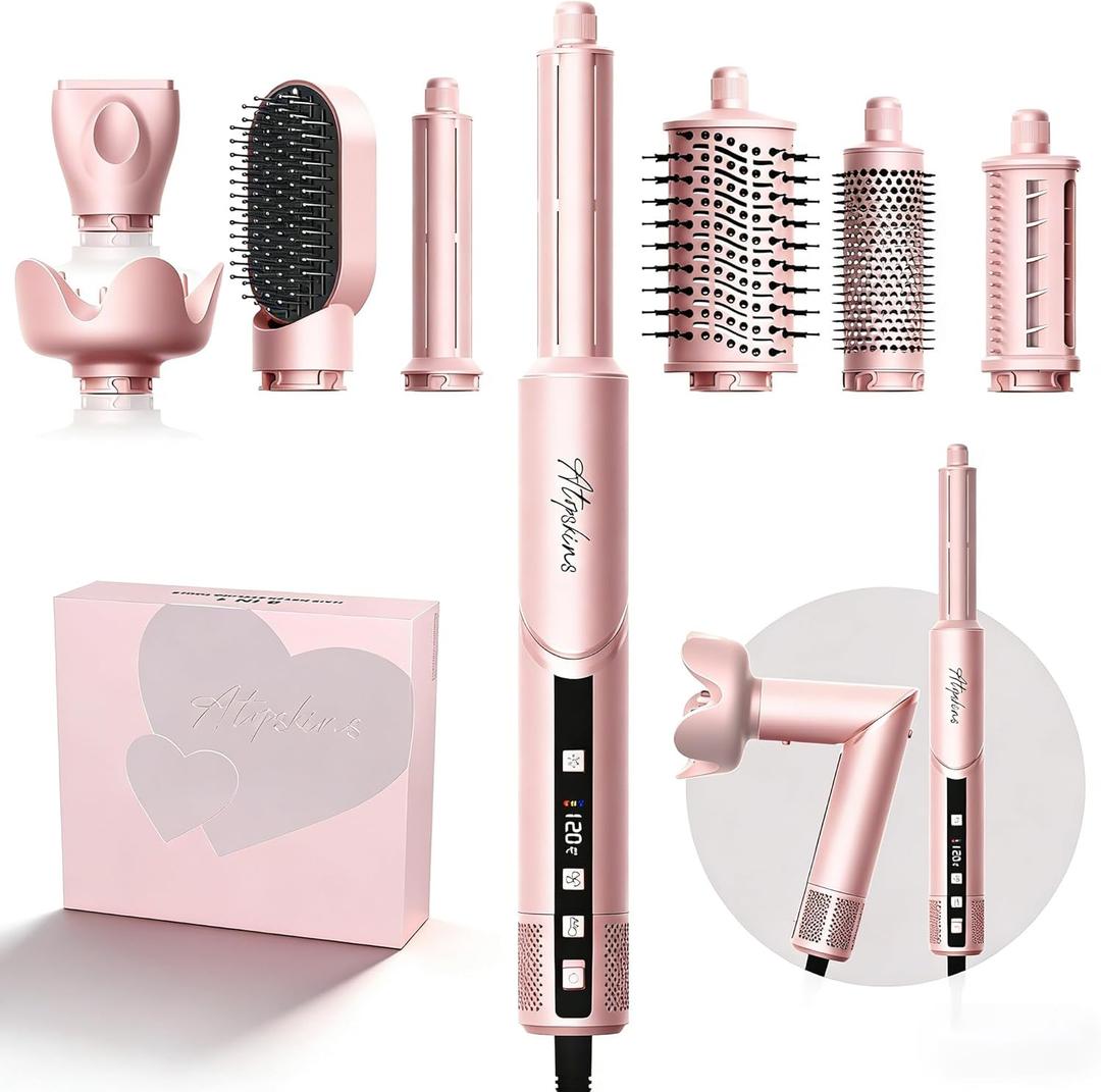 Atopskins 8-in-1 Hair Dryer Brush & Hot Air Styler, 110,000 RPM Blow Dryer Brush Foldable LCD Display, 4 Heat Settings Auto Curler Fast Drying Curling Straightening for Salon & Travel (Pink)