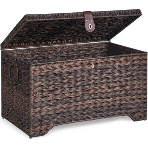 Honjourai Handwoven Storage Basket with Lid, 165L Plastic Rattan Storage Bin, Leather Buckle & Metal Frame, Large Metal Ring Handles, Storage Trunk for Bedroom, Laundry Room