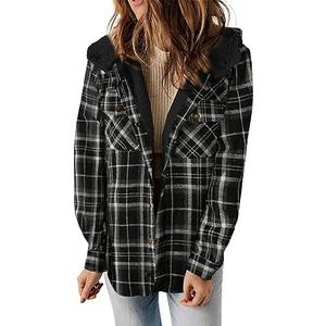 Dokotoo Womens Plaid Shacket Jacket Long Sleeve Button Down Fleece Hooded Jackets Warm Coat, XL