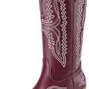 Athlefit Women's Square Toe Cowboy Cowgirl Boots Low Chunky Heel Embroidery Western Mid Calf Boots for Country Concerts, Red, Size 8.5