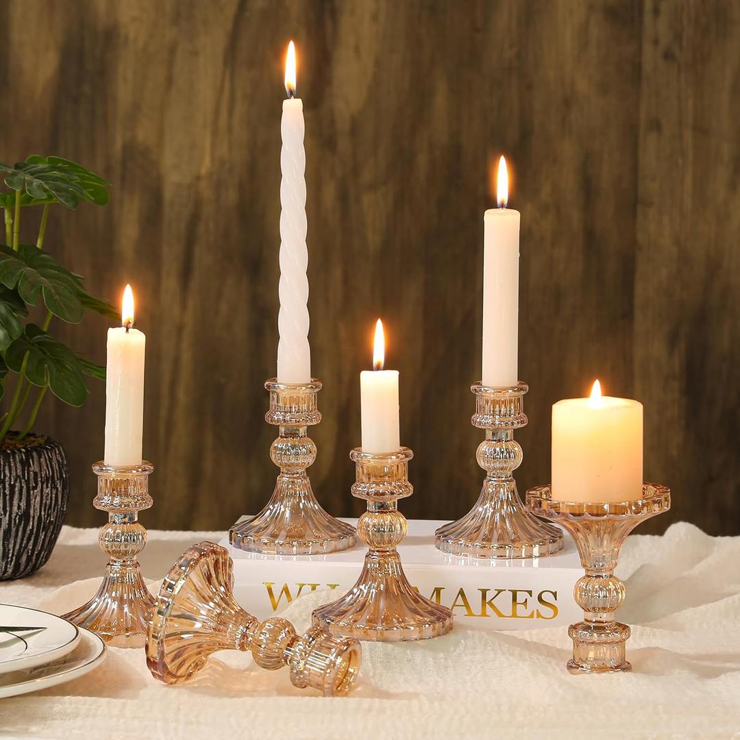 6 Pcs Golden Glass Taper Candle Holders  4" Ribbed Candlestick Holders for Standard Candles | Elegant Centerpiece for Wedding, Party, Holiday & Home Decor