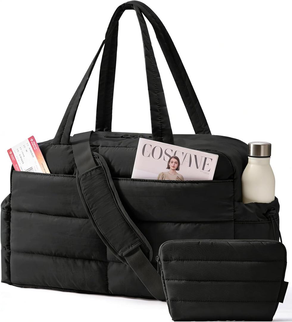 BAGSMART Gym Bag for Women, Lightweight Puffer Duffle Bag 2-PC Travel Bag, 31L Weekender Overnight Bag Quilted Carry On Tote Bag, Diaper Hospital Dance Bag for Travel, Gym, Water Resistant, Black