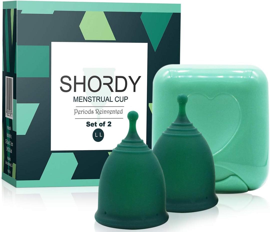 SHORDY Reusable Menstrual Cups (Large) Set of 2 with Mini Box, Medical Grade Silicone, Coupe Menstruelle, Safe Period Cup, Heavy Flow Kit, Feminine Hygiene, Tampons, Pads & Disc Alternative (Green) (Pack of 2)