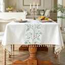 Laolitou Cotton Linen Spring Tablecloth for Dining Waterproof Rustic Farmhouse Kitchen Rectangle Table Cloth Coffee Table Cover, Beige, Green Coffee Flower, 55x120 Inch