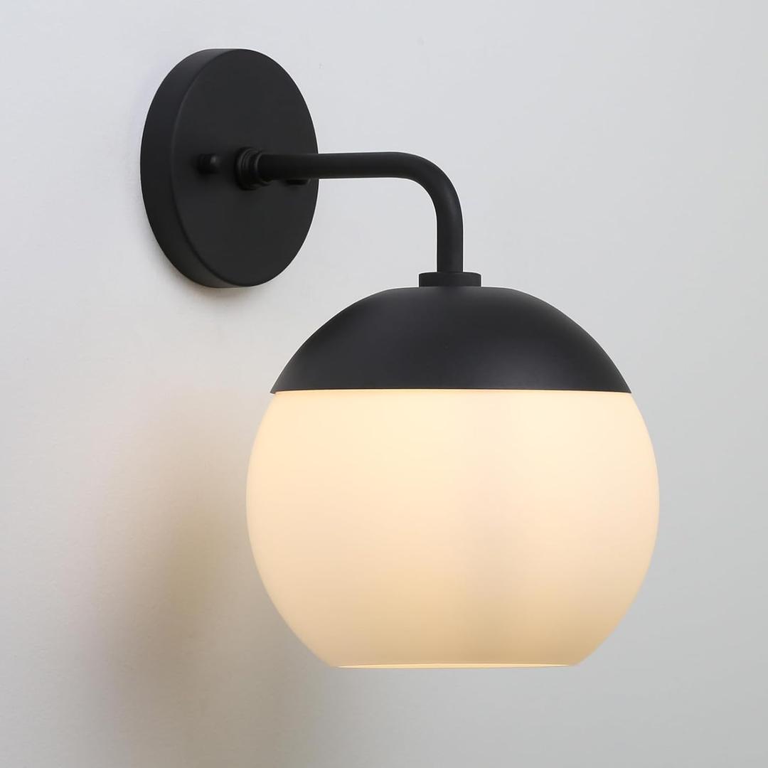 Modern Black Wall Sconce with Frosted Glass Globe Lampshade, Metal Base Industrial Wall Light Fixture, Indoor Wall Mounted Lamp for Vanity Bathroom Bedroom Living Room