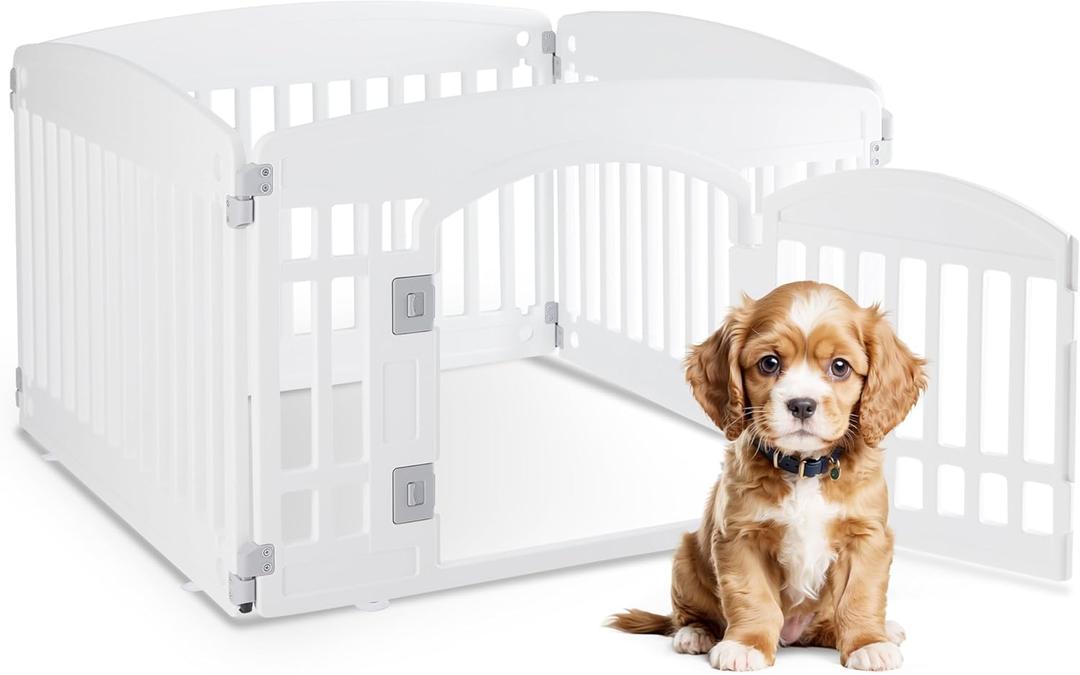 HealSmart 4 Panel Dog Playpen, 24 Exercise Puppy Playpen with Door, Safe, Secure, Folding & Portable Pet Playpen for Indoor & Outdoor Use, Suitable for Puppies and Small, White