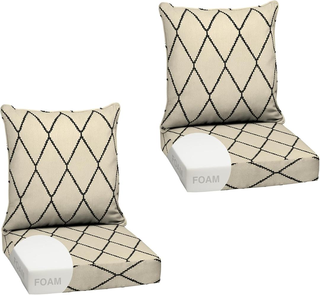 Arden Outdoor Foam Deep Seat Cushion Set, 2-Pack, 24x24, Premium High-Density Foam, Never Flattens, Weather-Proof for Patio Chair Sofa Couch, Tan Diamond Trellis