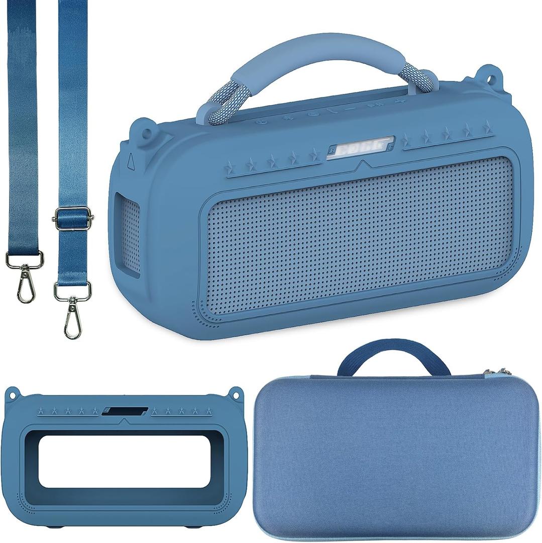 JCHPINE Silicone Cover and Hard Carrying Case for Bose SoundLink Max Portable Speaker, Protective Travel Case for SoundLink Max Speaker Accessories with Shoulder Strap (Blue)