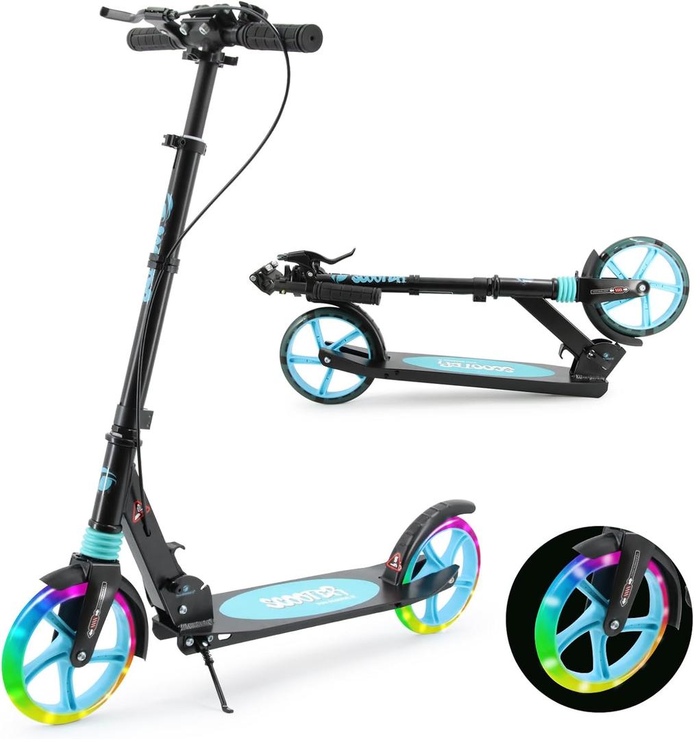 Scooter for Kids Ages 8+ Teens & Adults, Lightweight Kick Scooter with Carry Strap Adjustable Height Equipped with Front handbrake and Rear Brake, Big Sturdy PU Flash Wheels Great Gift & Toy (black)