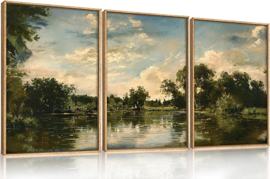 Large Natural Forest and Lake Framed Canvas Wall Art, Modern Countryside Wall Decor, Vintage Neutral Landscape Artwork, Rustic Antique Scenery Art Print for Living Room,Bedroom, Office- 16"x24"x3