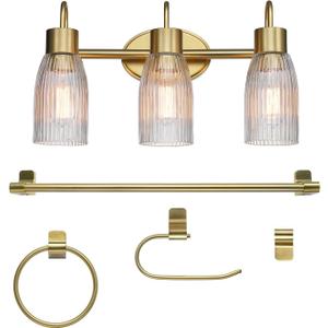 Globe Electric 63000208 5-Piece All-in-One Bathroom Accessory Set with 19" 3-Light Vanity Light, Matte Brass, Ribbed Glass Shades, Towel Bar, Robe Hook, Toilet Paper Holder, Towel Ring, Powder Room