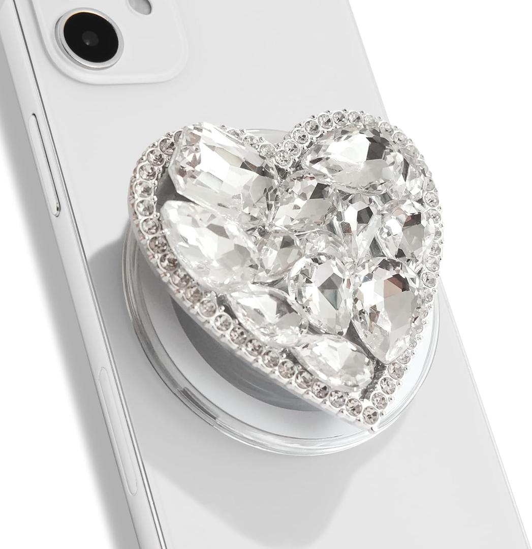 OnTheGrip Compatible with Magsafe Cute Cubic Diamond Heart Shape Design Collapsible Mobile Phone Grip Stand Holder for Smartphone Tablet Cell Phone Accessory (Silver Big)