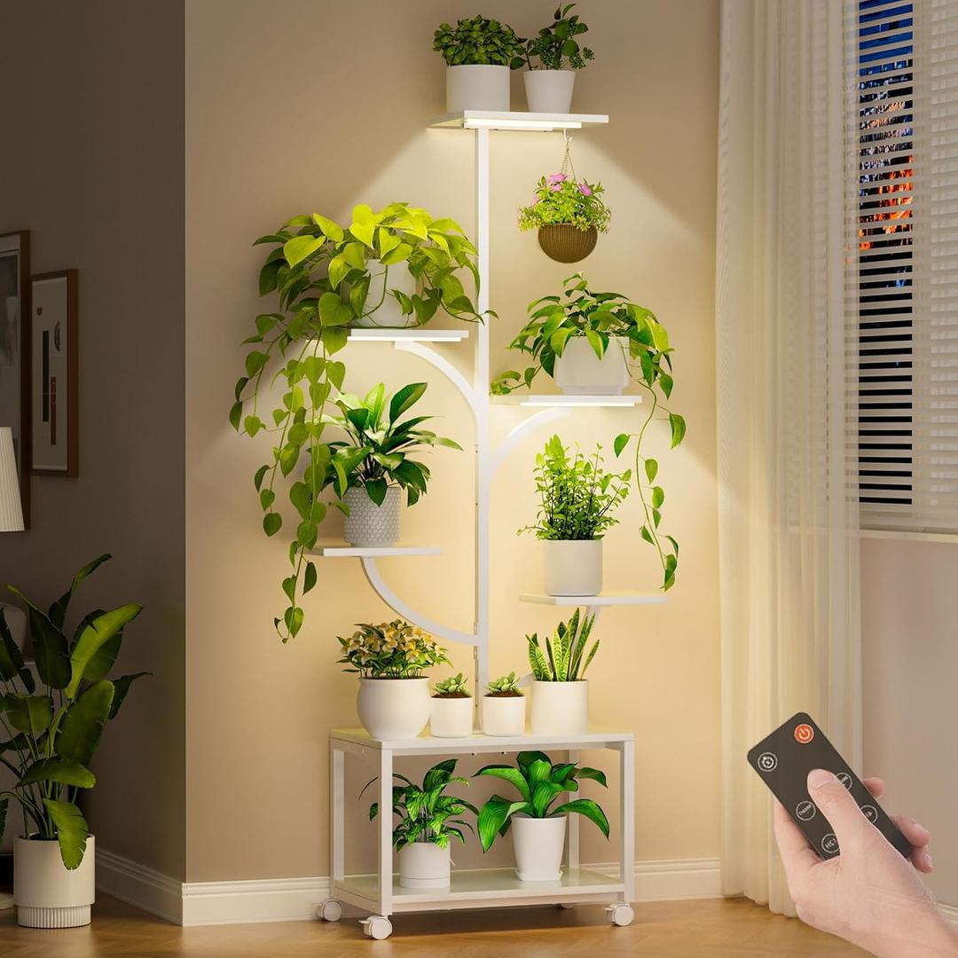Plant Stand Indoor with Grow Lights, 60" Tall 7-Tier Metal Plant Stand with Wheels & Tree-Shaped Design for Indoor Plants, Flower Holder Display Rack for Home, Patio - White 