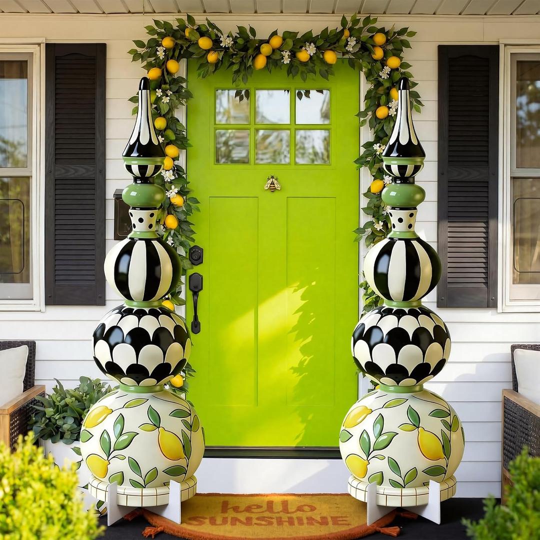 Novabright 2 Pack Summer Front Door Sign 39.4" Lemon Plastic Cardboard Cutout Summer Porch Decor with H Stakes and 2 V Ground Support Lemon Topiary Yard Outdoor with Bracket for Spring Patio Lawn