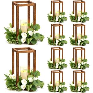 Sabary 10 Sets/ 20 Pcs Wooden Lantern Candle Holders with Candles for Wedding Decoration Vintage Table Centerpiece Farmhouse Rustic Candle Lantern for Indoor Fireplace Dining Party Decor (Black)