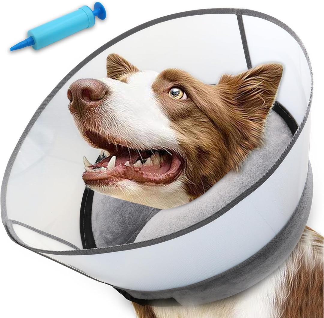 Upgraded Inflatable Dog Cone Collar with Transparent Anti-Licking Shield, Adjustable Elizabethan Collar for Medium Large Dogs, 2-in-1 Design with Detachable Shield (Gray, L)
