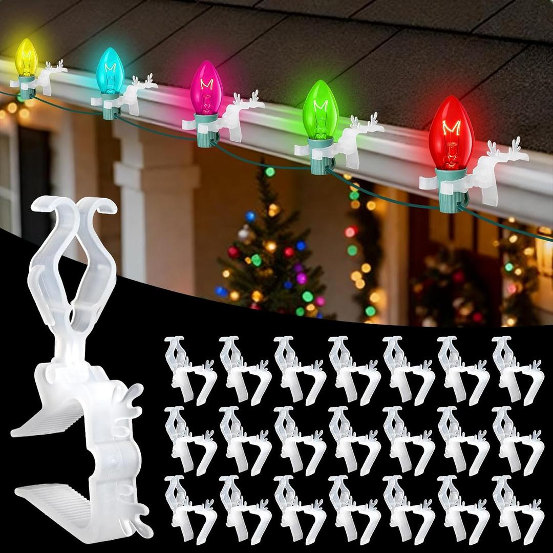 Lizemqqi 100 Pcs Christmas Gutter Clips, No Tools Needed 180 Rotating Heavy-Duty Light Clips for C7 C9 Mini String Lights, Outdoor Shingle Hooks for Xmas Halloween Decor (White)