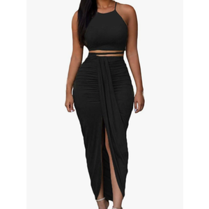 HUUSA Women's Sexy 2 Piece Skirt Sets Elegant Bodycon Maxi Dress Sleeveless Tank Shirt Tops High Waist Ruched Slit Long Dress, L