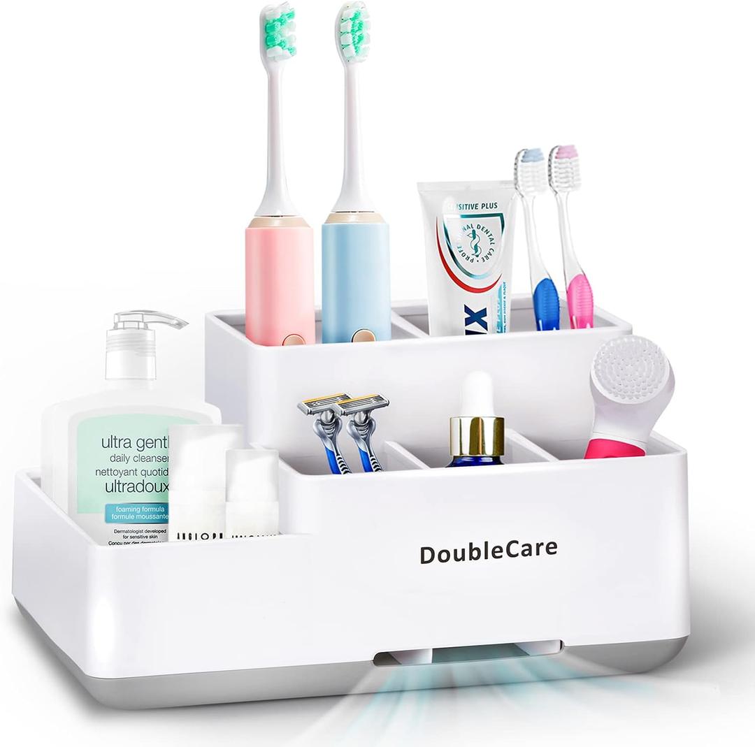 Toothbrush Holder with Anti-Slip, Bathroom Organizer Countertop Detachable for Easy Cleaning, Multifunctional Storage, Bathroom Caddy for Toothpaste, Shaver,Great for Home, Vanity Organizer, Office (White)