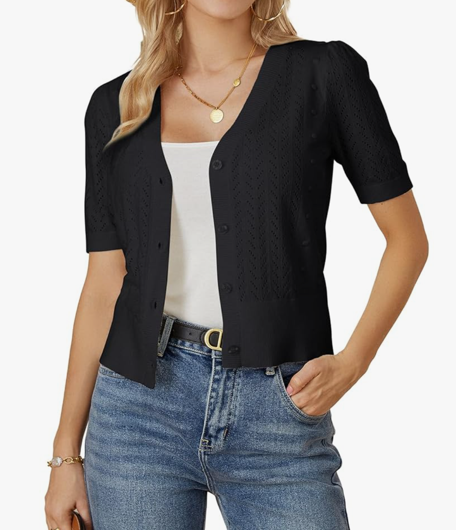 GRACE KARIN Cropped Cardigan Sweaters for Women Short Sleeve Crochet Knit Bolero Shrug V-Neck Button up Tops, Size L