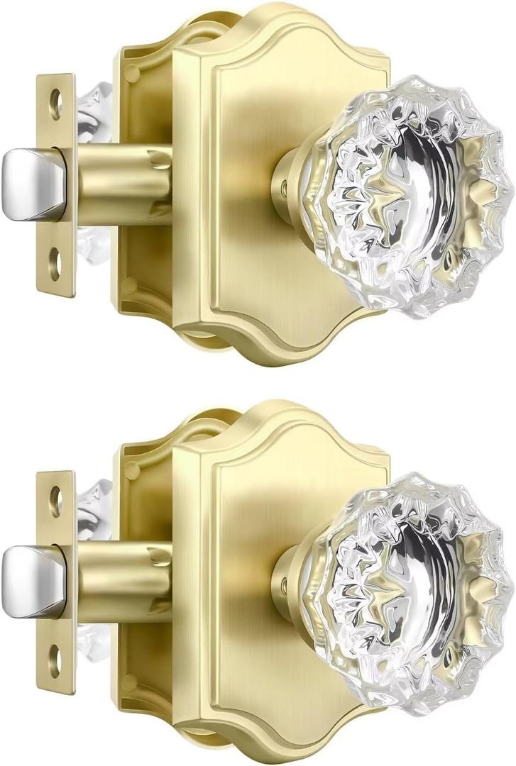 Leydebong 2 Pack Gold Passage Crystal Door Knob - Heavy Duty, Elegant Design, Easy Installation, Durable Finish for Closet Hallway Doors (Satin Brass)