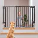 Cumbor 29.243" Baby Gate for Stairs, Wall-Mounted (Drill Required), Expandable No Bottom Bar Dog Gate, Auto Close Extra Wide Walk Thru, Pet & Toddler Proof Gate, Top & Bottom of Stairways(Black)