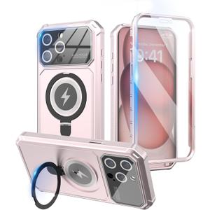 KJSK for iPhone 15 Pro Max Case,Kickstand+Magnetic+Screen Protector+Camera Protection,Heavy Duty Protection,Drop Proof Rugged Protective Cell Phone Cover for iPhone 15 Pro Max(Pink)