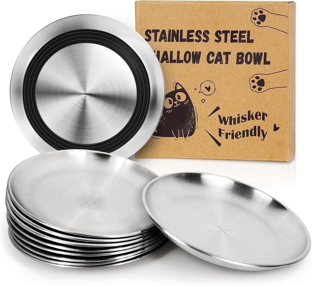 Supet Cat Plates for Wet Food, Non Slip Whisker Friendly Food Bowls, Stainless Steel Shallow Wide Dishes for Indoor Cats (13Oz, 10Pcs) (Black)