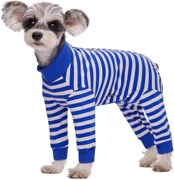 Dog Striped Recovery Suit, Puppy After Surgery Onesie for Female Male Dogs, Dogs Cats Long Sleeve Pajamas Bodysuit, Surgery Abdominal Wound Bandages Clothes, Dog Pant for Shedding Skin Disease (Large, Blue)