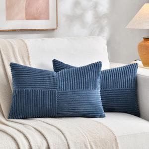 Fancy Homi 2 Packs Dusty Blue Lumbar Decorative Throw Pillow Covers 14x24 Inch for Couch Bed Sofa, Rustic Farmhouse Boho Home Decor, Soft Striped Corduroy Rectangle Accent Cushion Case 35x60 cm
