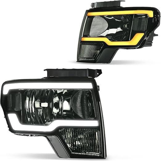 DWVO Headlights Assembly Compatible with 2009 2010 2011 2012 2013 2014 Ford F150 F-150 DRL Headlamp with Switchback LED Tube Smoke Lens (Only Fit 3 Pin Plug/Only Fit Factory Halogen Models)