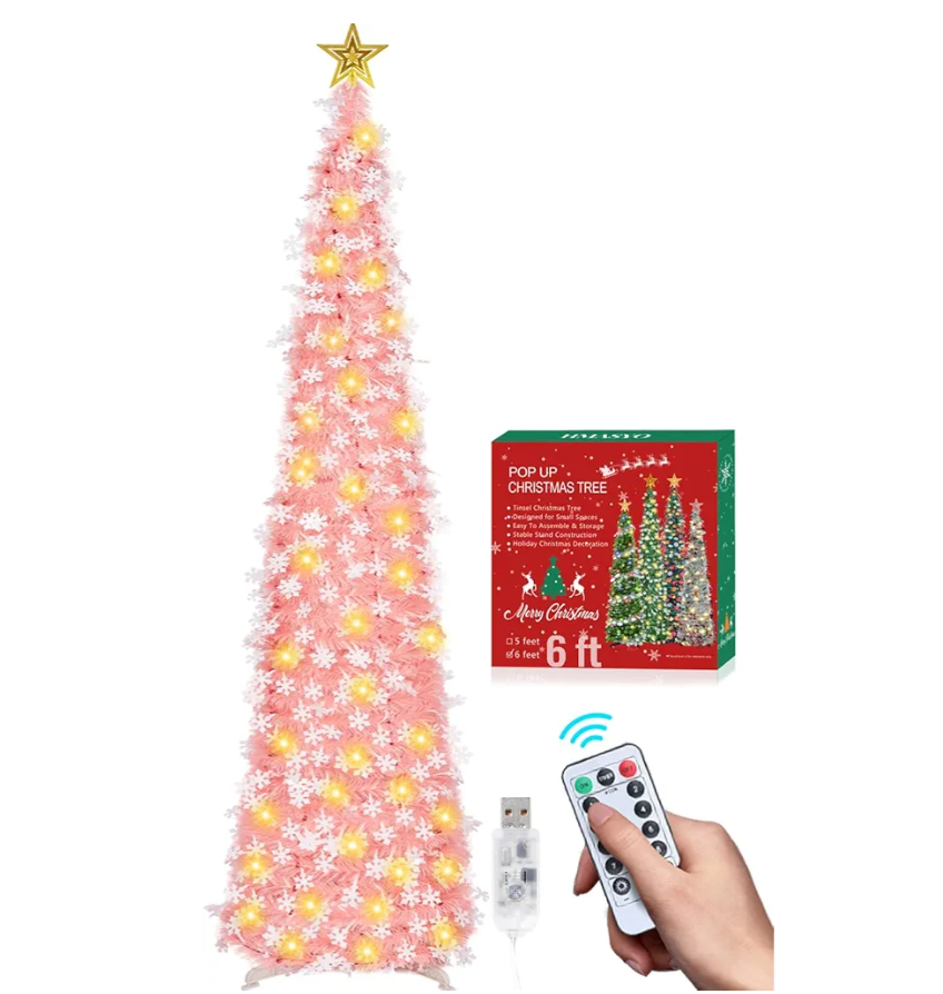 HMASYO 6 FT Pop Up Tinsel Christmas Tree with 100 LED Timer Lights & Remote, Pink Collapsible Artificial Pencil Tree with Snowflake Ornaments Xmas Decoration for Home, Office, Party, USB Powered