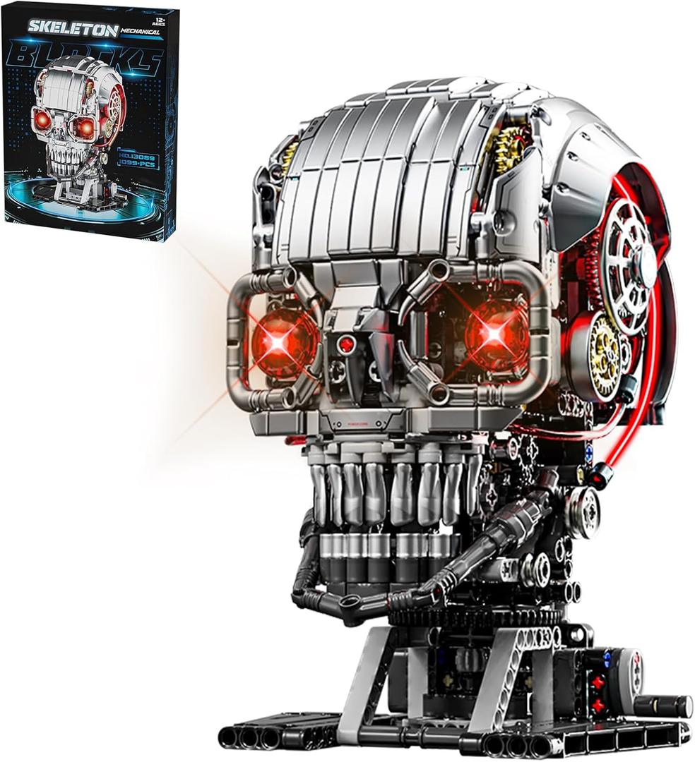 Mechanical Skull Building Block Set 1099+ Pieces 3D Poseable Model with Mandibular Teeth Bite Drive for STEM Toys for Kids & Adults Perfect for Horror Fans & Gothic Room Decor