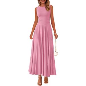 PRETTYGARDEN Womens Summer Dresses 2026 Casual Sleeveless Crewneck Aline Maxi Dress Stretch Tank Flowy Long Dresses (Small, Pink)