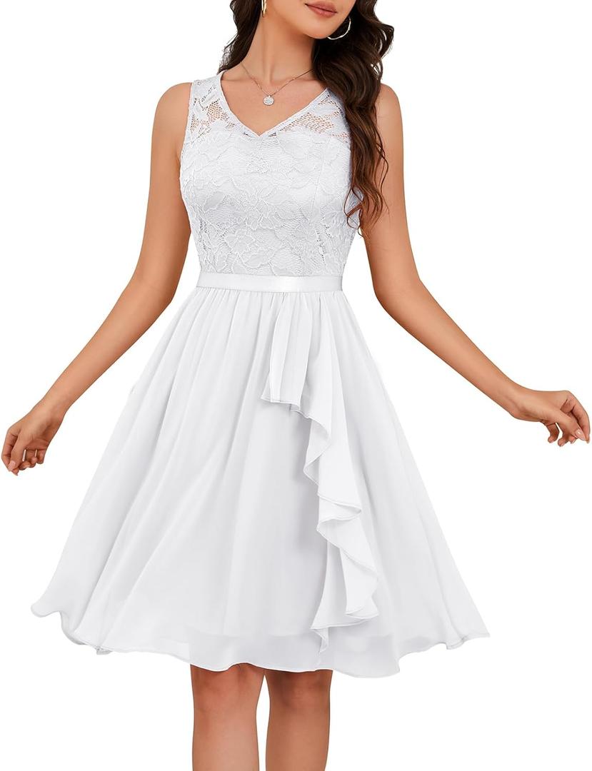 Meetjen Women's Cocktail Party Dresses 2025 Handkerchief Hem Lace Formal Wedding Guest Bridesmaid Fancy Prom Dress (XX-Large, White-lace Chiffon)