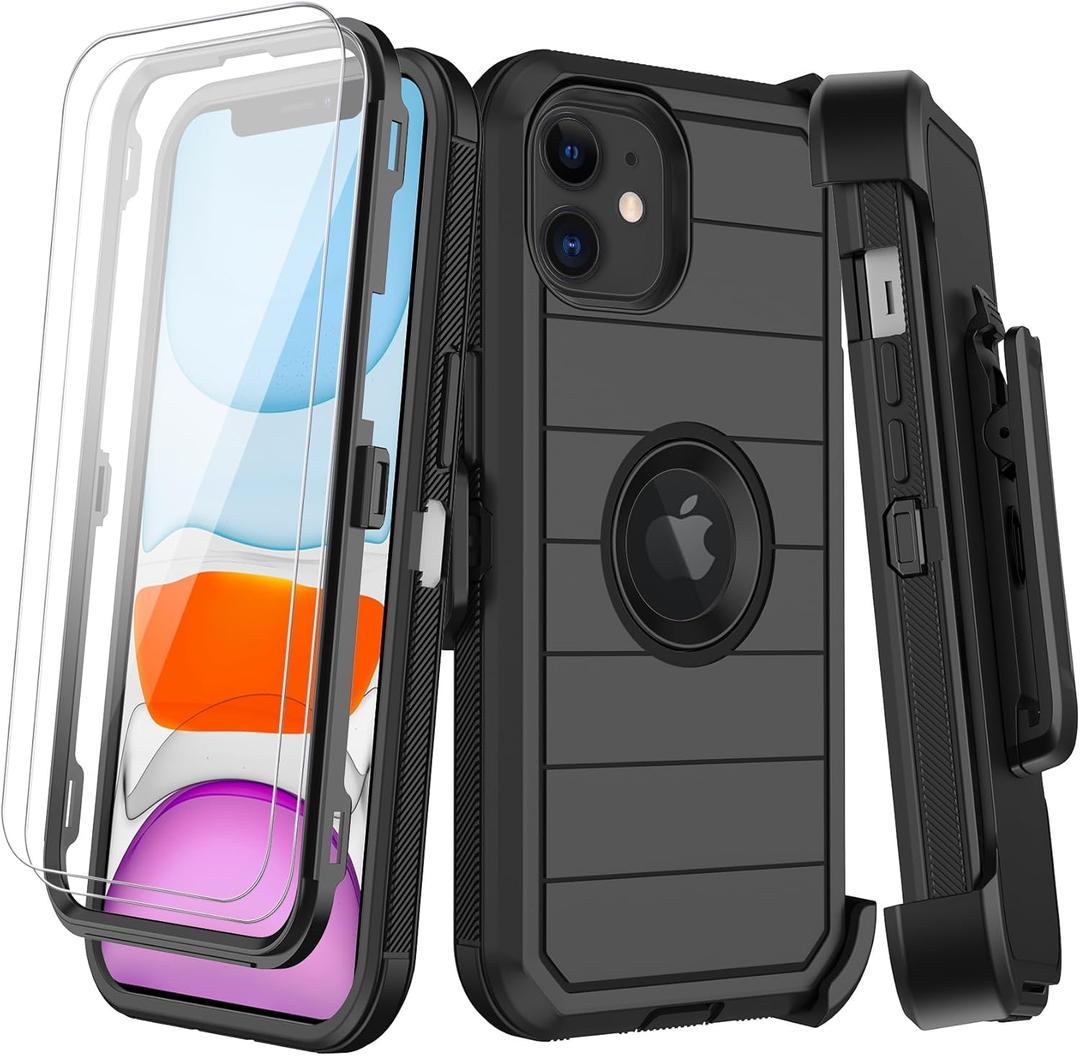 for iPhone 11 Case with Belt Clip Holster,2X Screen Protector,Heavy Duty Shockproof Drop Protection Military Grade Durable Full Body Phone Cover with Kickstand for Apple iPhone 11