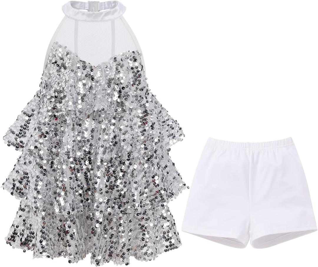 AFAVOM Girls Sequin Dance Outfit Sparkly Latin Hip Hop Jazz Dance Outfit Halter Mesh Ruffle Dress Top and Shorts Dancewear (Silver)