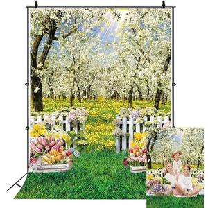 Spring Backdrop White Flowers Forest Tree Spring Garden Natural Scenery Easter Photography Background Kids Baby Shower Wedding Birthday Party Decorations Banner Photo Props (5x7FT)