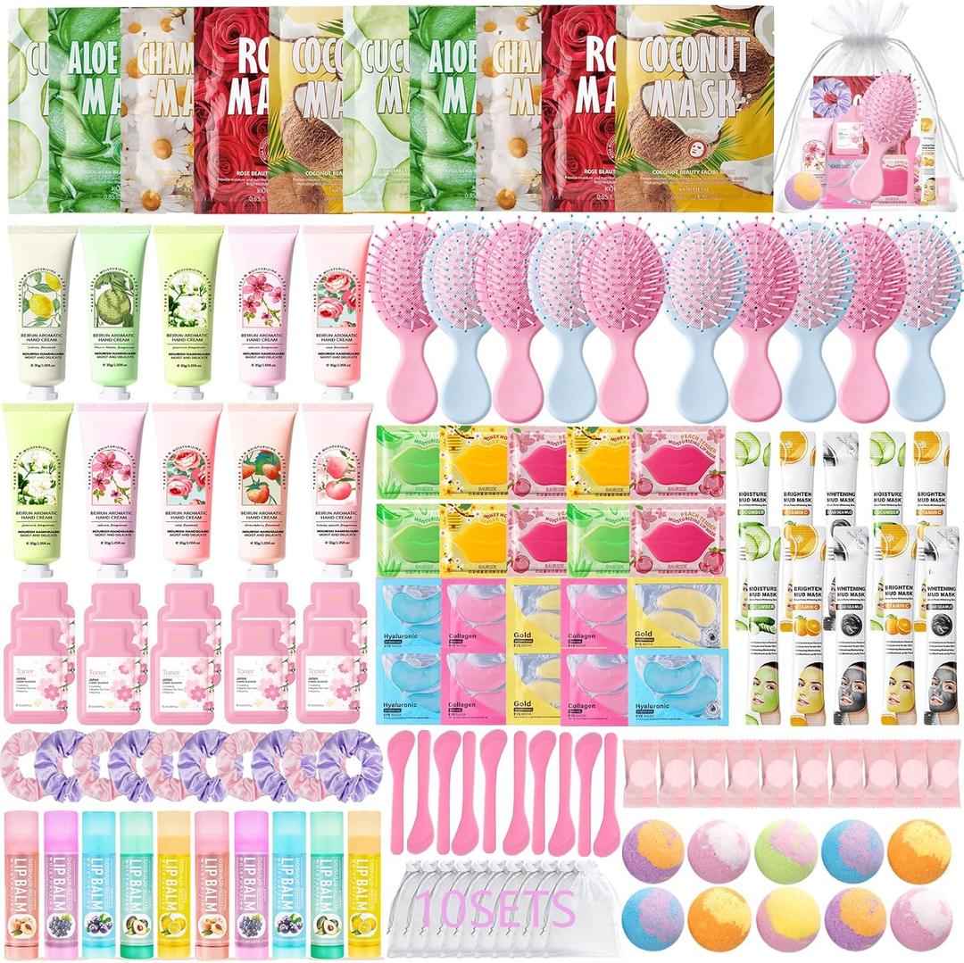 130 PCS Spa Party Supplies for Women, Include Face Masks Skincare, Hand Cream, Lip Balm, Lip Mask, Under Eye Patches,Hair Brush, Foot Bath Bombs,Spa Birthday Sleepover Party Supplies for Girls Women