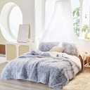 Luxury Faux Fur Shaggy Fluffy Comforter Set King Size Mixed Gray and White Long Hair, 3 Pieces Plush Flannel Sherpa Backing Reversible Soft Microfiber Bedding Set Super Warm for Chilly Winter, King-100"x86"