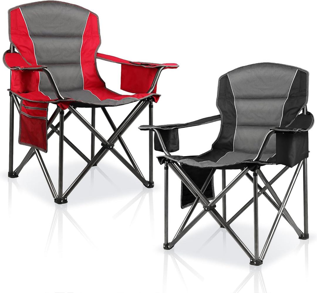 2 Pack Oversized Folding Camping Chairs for Adults, Heavy Duty Lawn Chairs with Cup Holder Storage and Cooler Bag, 450 LBS Weight Capacity, Padded Collapsible Chairs for Outdoor, Garden & Beach