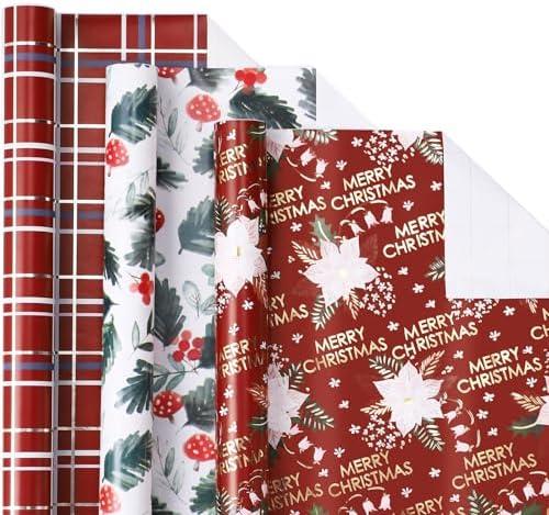 LeZakaa Christmas Red Wrapping Paper Roll - Mini Roll - Mushroom Printing, Flower Metallic Foil, Red Backing Plaid Collections for Christmas Holiday Party - 17 x 120 inches - 3 Rolls (42.5 sq.ft.ttl.)